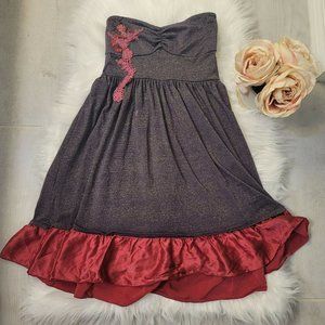 FREE PEOPLE Dress Purple Gold Metallic Strapless Floral Appliqué Ruffle Hem Sz 0